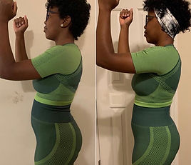 Fitness progress photos of Kelly T. in green athletic wear, demonstrating the results of modified workouts and strength training.