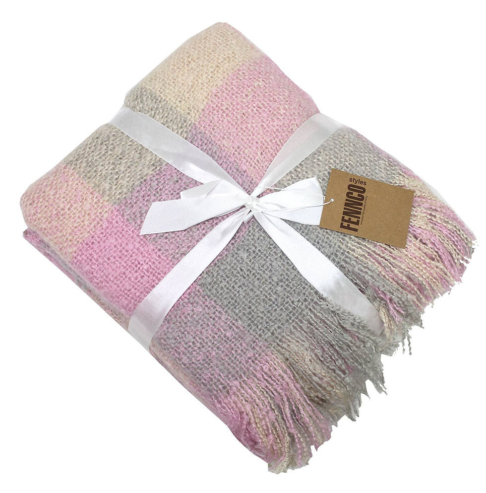 Thumbnail: Pink-Multi Faux Mohair Plaid Fringed Throw Blanket