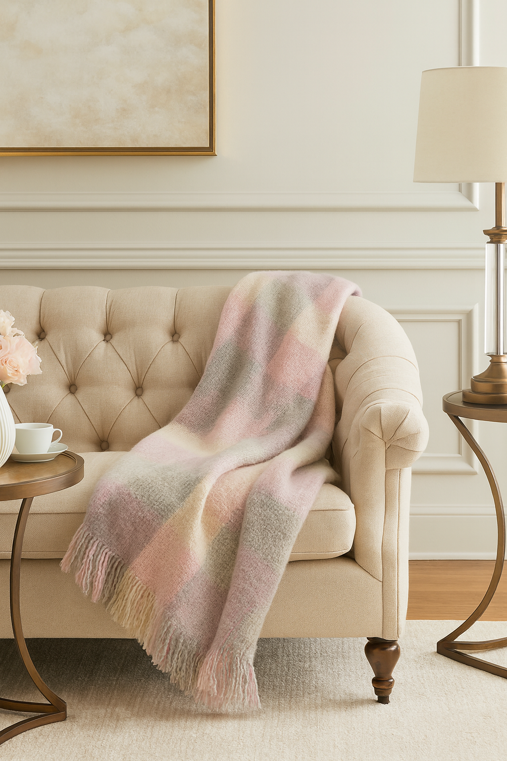 Pink-Multi Faux Mohair Plaid Fringed Throw Blanket