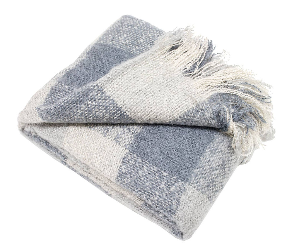 Thumbnail: Blue-Grey-White Faux Mohair Plaid Fringed Throw Blanket