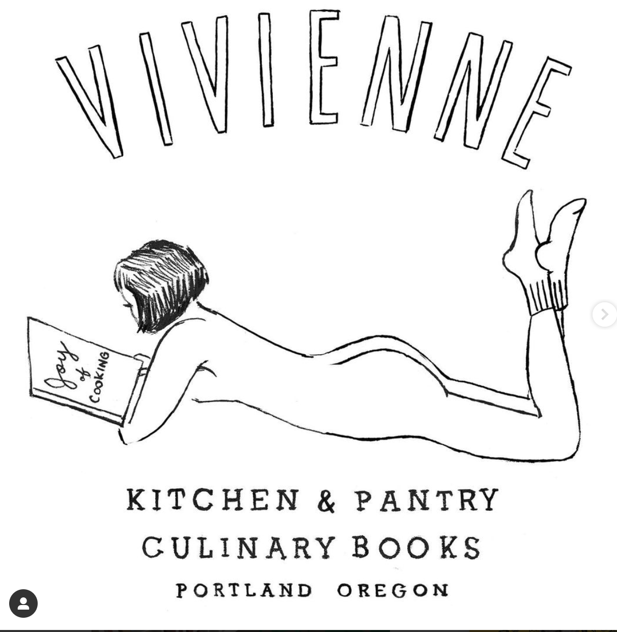 Vivienne Kitchen & Pantry Culinary Books Portland OR, Drawing by Emily Winfield of prone naked lady reading the Joy of Cooking, wearing only socks.