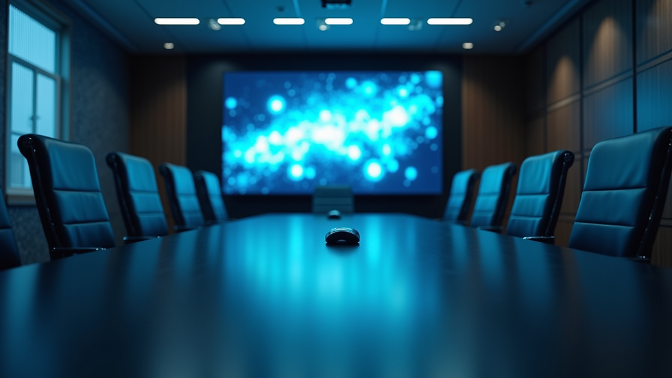 Close-up view of a high-tech conference room with digital screens and modern lighting