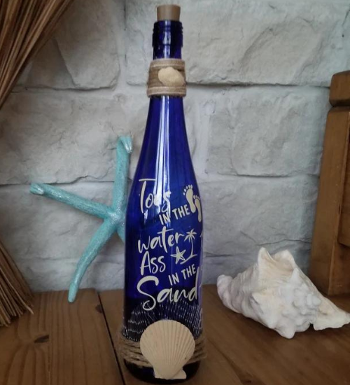 Thumbnail: Lighted 'Toes In the Water' Decorative Rare Blue Wine Bottle