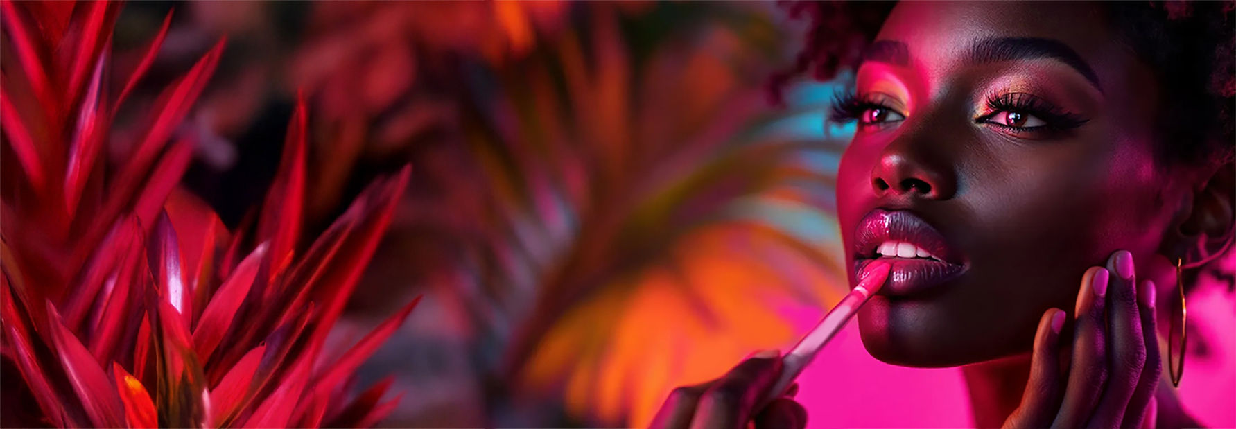 DEG Beauty & Bath Taste the Tropic banner featuring a women applying lip gloss