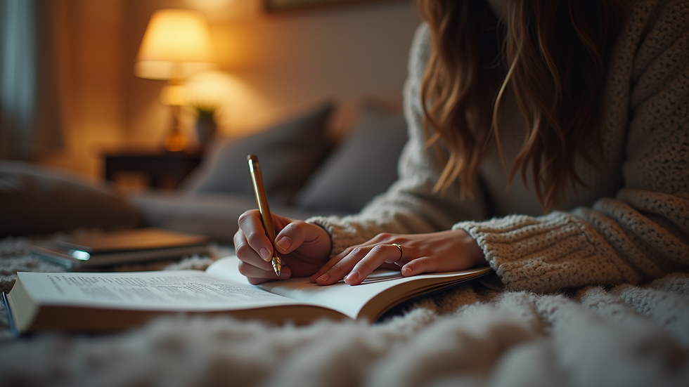 Eye-level view of a person journaling in a cozy room