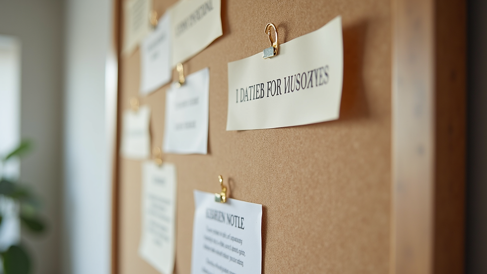 Close-up view of a vision board with personal goals and inspirational quotes