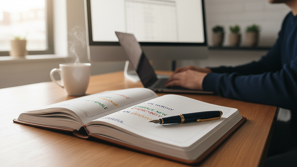 Close-up view of a journal with handwritten positive affirmations and a pen