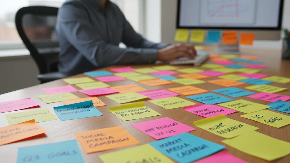 Close-up view of colourful sticky notes with creative ideas on a desk