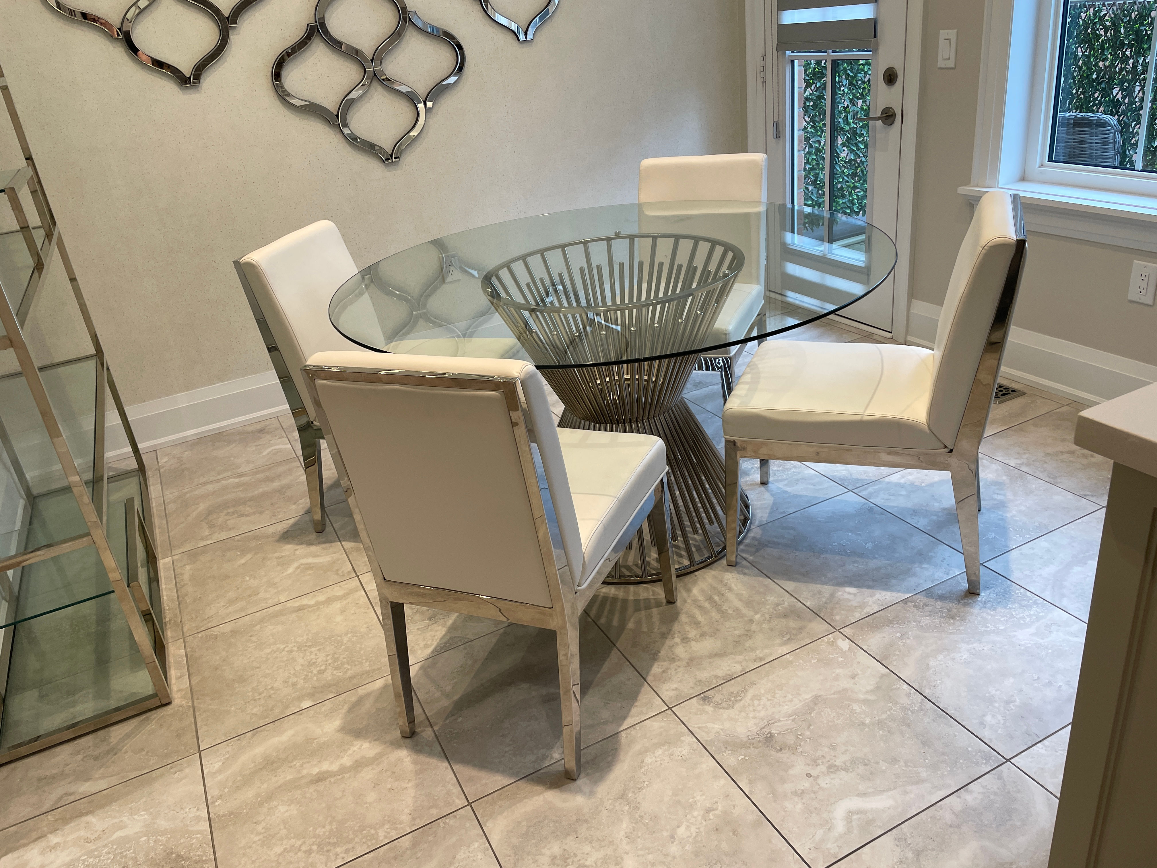 Lot 128 - Table & 4 White Faux Leather Chairs (See Description)