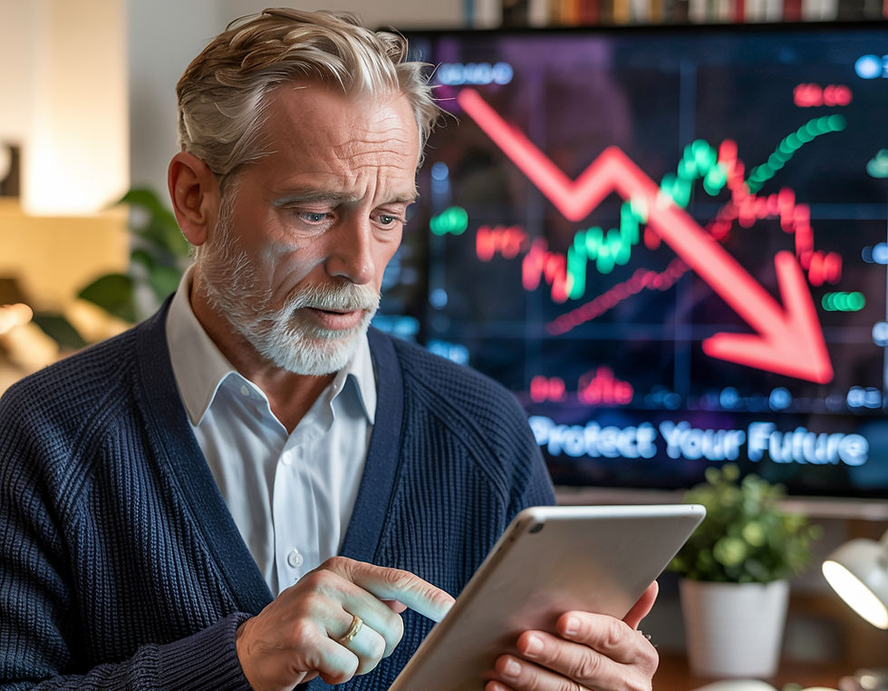 Older man with a slightly shocked expression looking at a tablet, with a red downward stock market arrow in the background, symbolizing concern over a financial market downturn or retirement account losses.
