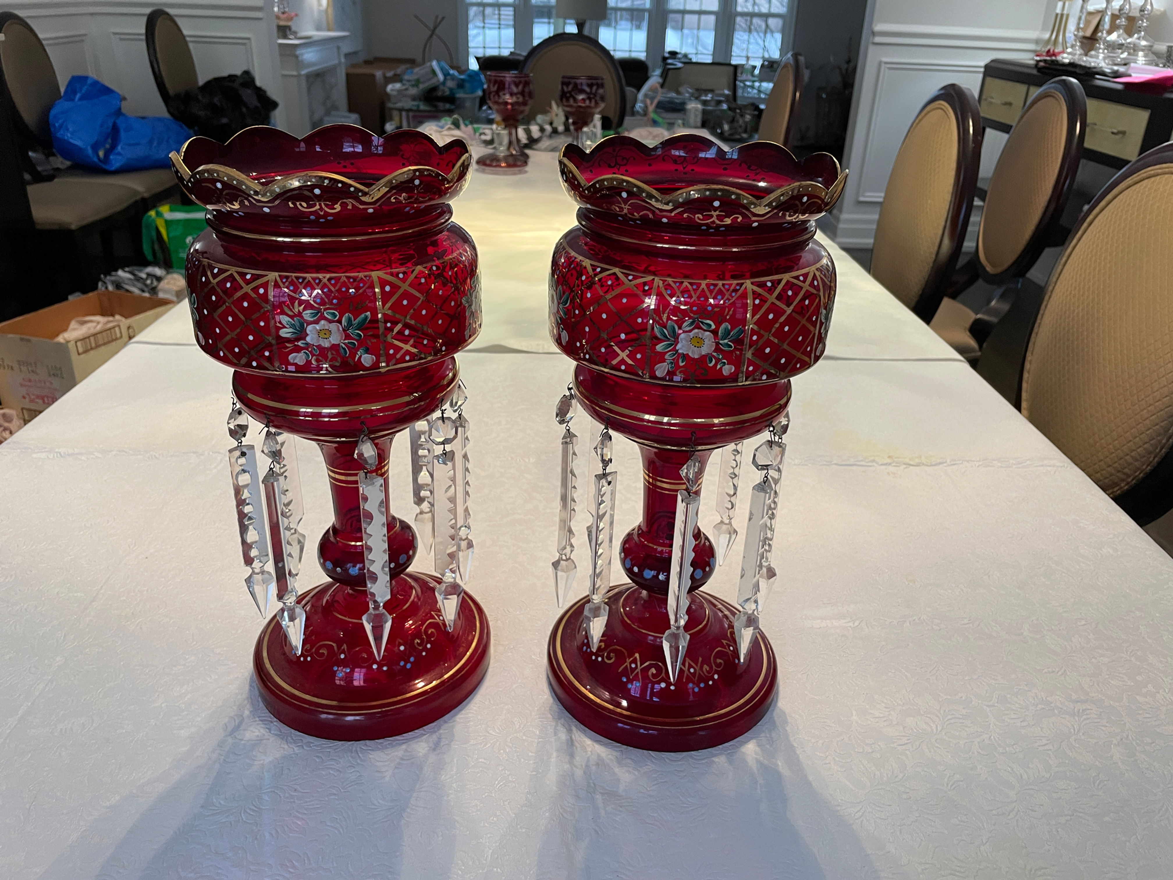 Lot 213 - Pair of Victorian Lusters - Cranberry Glass