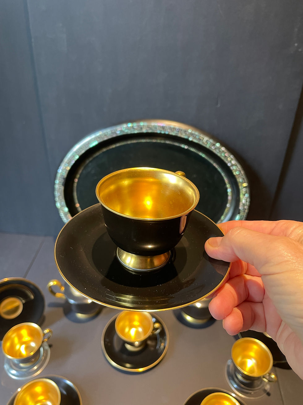 Thumbnail: Lot 85 - Asian Tea Set 22k & Wood Tray w/ Mother-of-Pearl