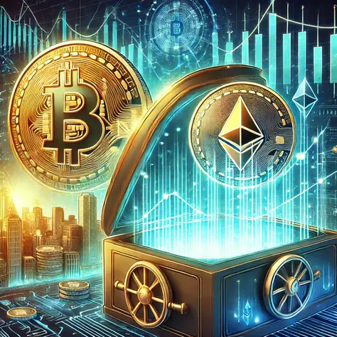 Futuristic digital finance concept featuring glowing Bitcoin and Ethereum coins emerging from a high-tech vault, surrounded by stock market charts, blockchain networks, and financial graphs. The image symbolizes cryptocurrency integration into mainstream finance, secure investment opportunities, and the future of digital assets. Keywords: cryptocurrency, Bitcoin, Ethereum, blockchain technology, digital assets, crypto investing, financial markets, stock market trends, secure investments, fintech innovation.