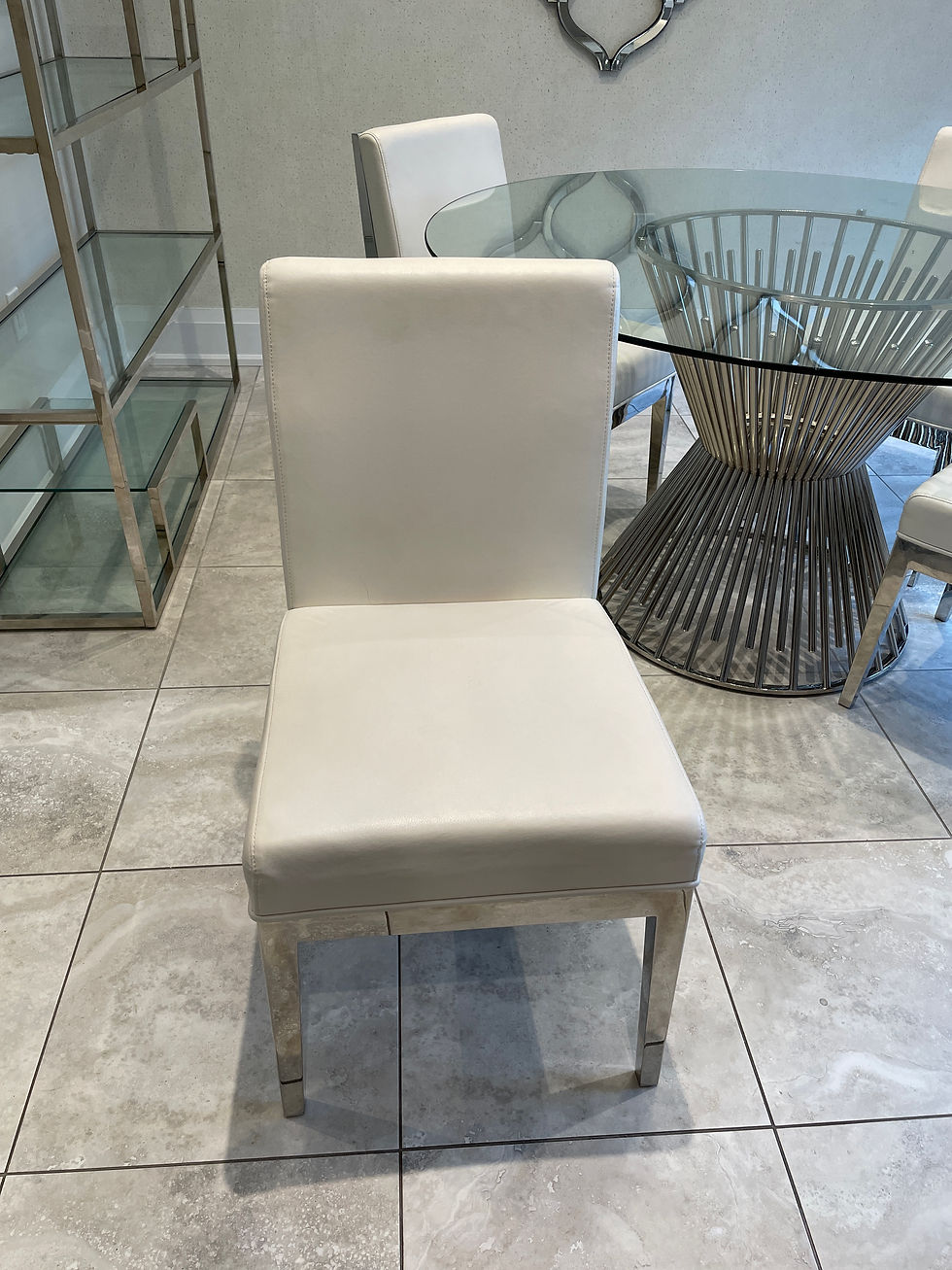 Thumbnail: Lot 128 - Table & 4 White Faux Leather Chairs (See Description)