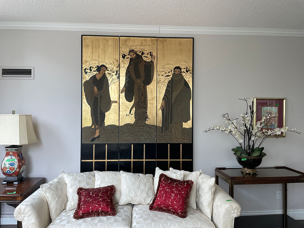 Thumbnail: Lot 12 - Vintage Gold Leaf Carved 3 Panel Screen