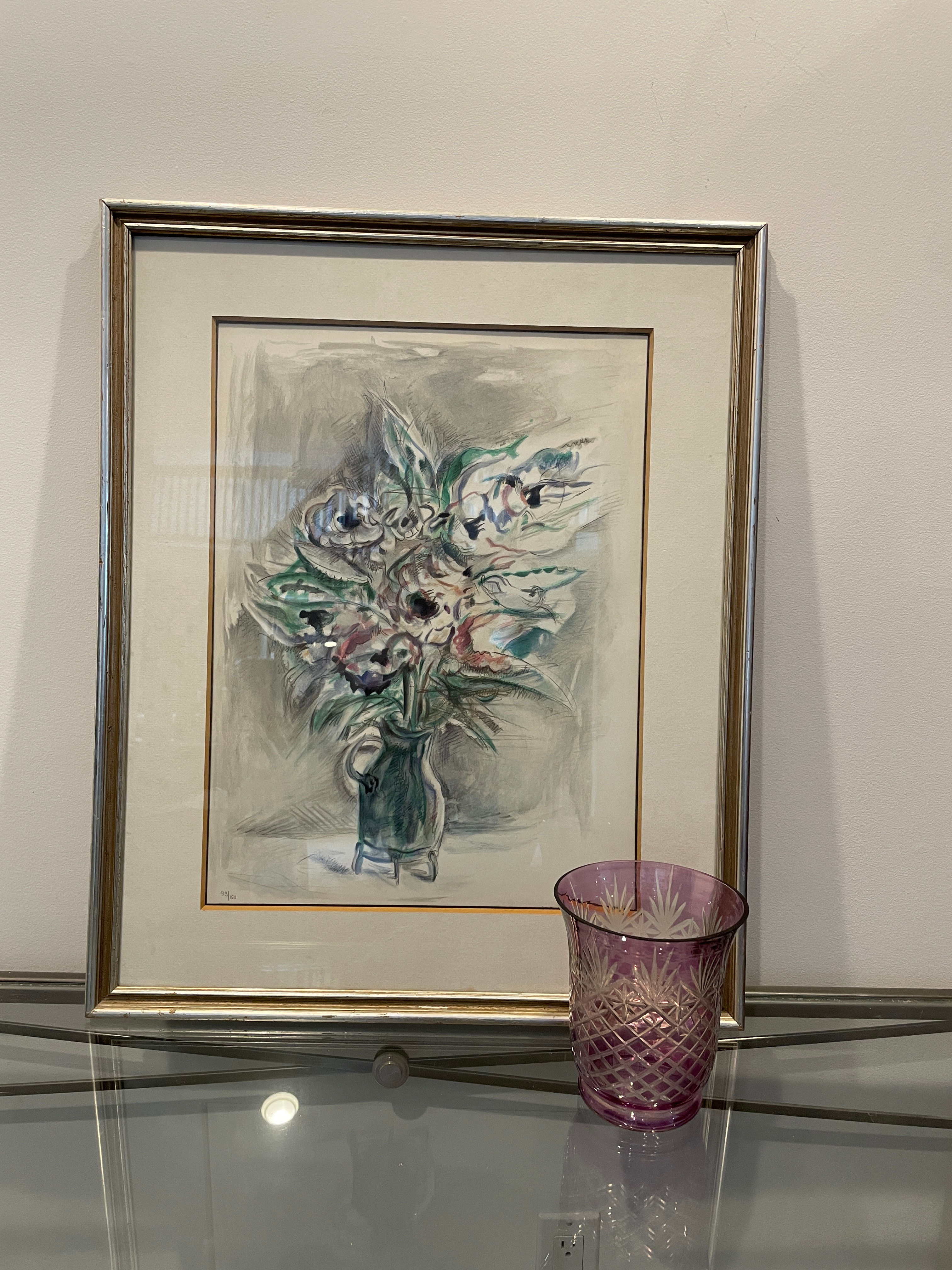 Lot 111 - Lithograph & Mauve Crystal Vase (Flowers in Vase)