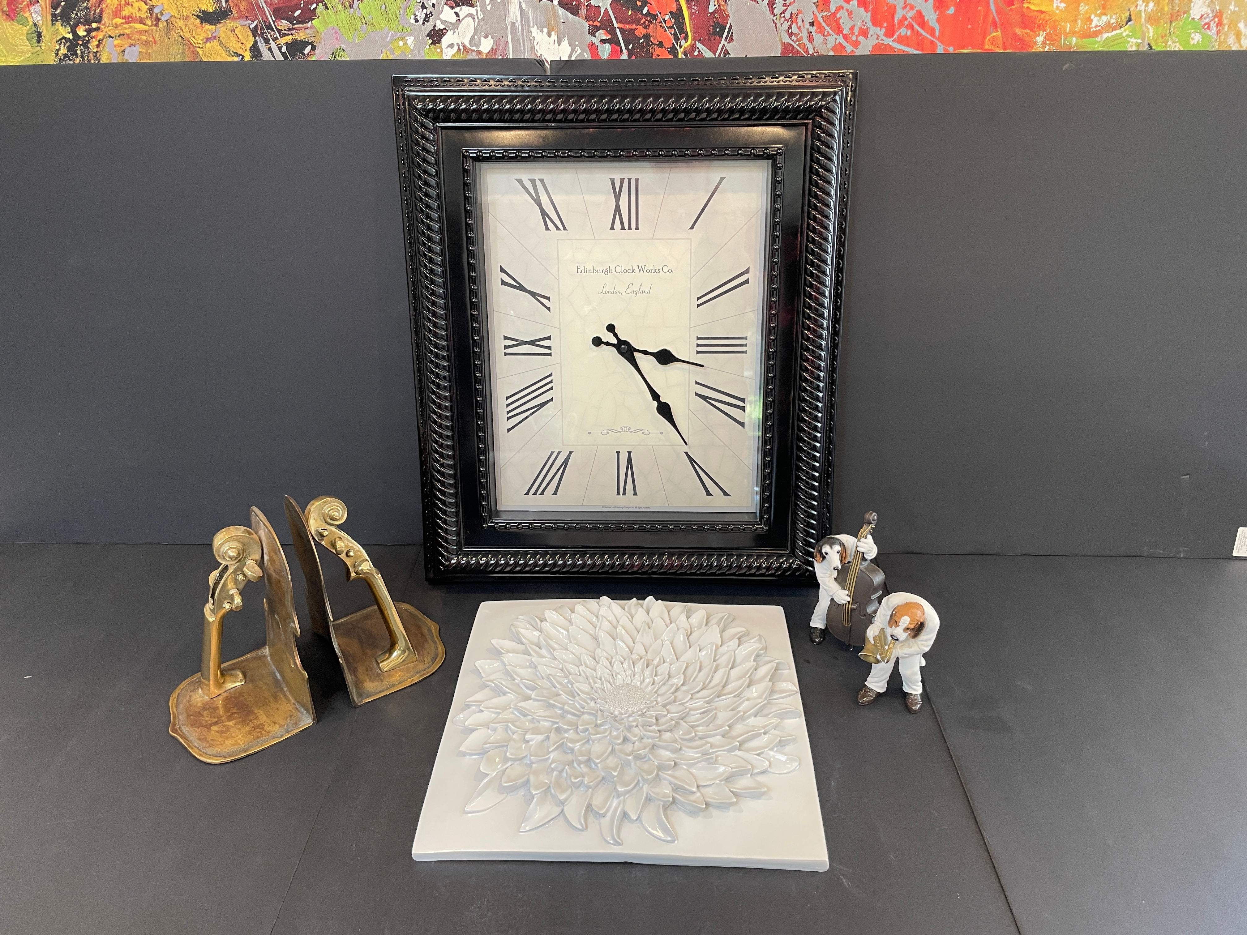 Lot 84 - Wall Clock/Brass Book Ends, etc.