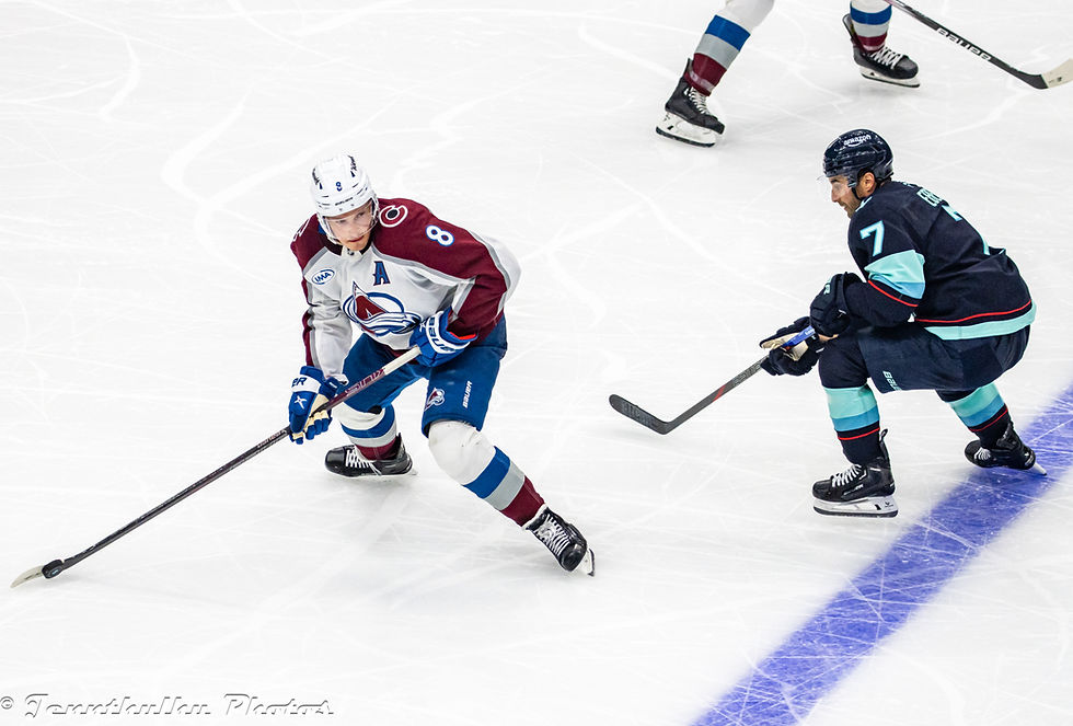 Cale Makar in Colorado Avalanche colours during a game against the Seattle Kraken