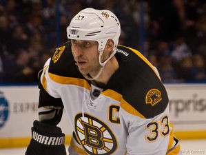 Zdeno Chara in the Boston Bruins captain's jersey, number 33 on his back, during a game in 2012