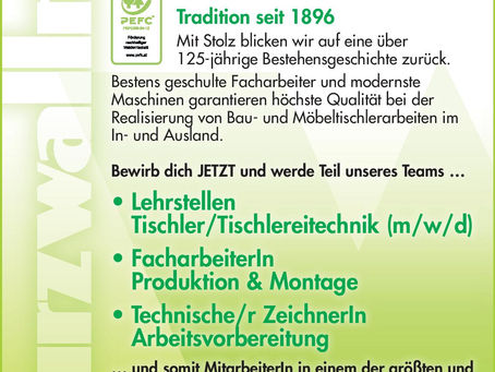 Lehrstellen: Tischler/Tischlereitechnik, Facharb. Produktion & Montage, Techn. Zeichner/in (m/w/d)