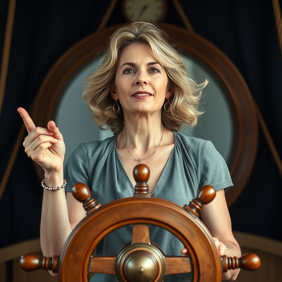 image of powerful in 40s heart centered woman with self-compassion and self-honor steering her ship
