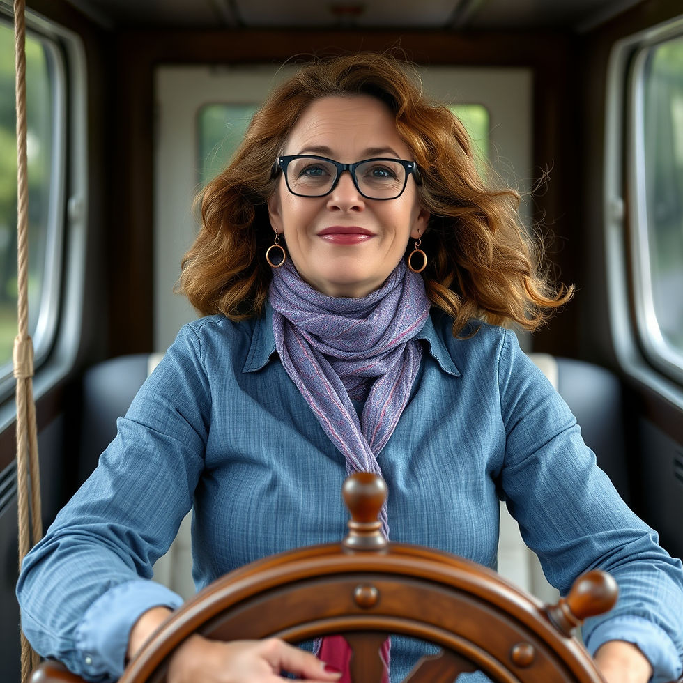 image of powerful in 40s heart centered woman with self-compassion and self-honor steering her ship home