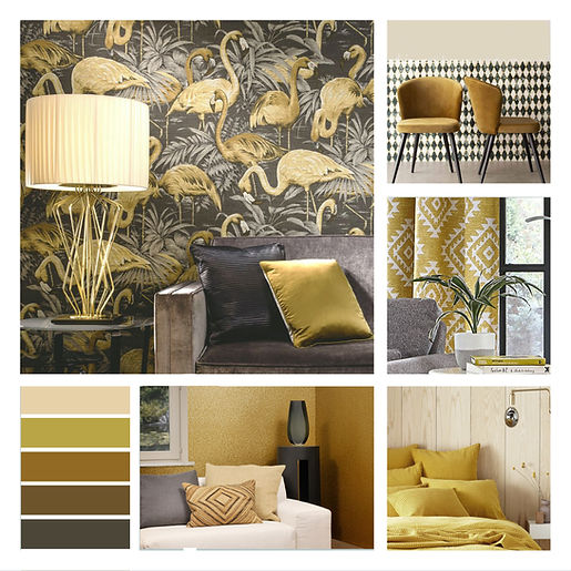 yellow, brown, living room, mood board