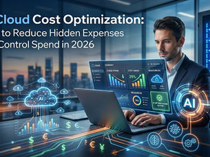 An enterprise IT specialist managing hidden cloud expenses through an advanced AI dashboard, showcasing FusionPact's cloud optimization practice. The visual highlights data trends for controlled infrastructure spend, overlaid with the blog title: "AI Cloud Cost Optimization: How to Reduce Hidden Expenses and Control Spend in 2026."