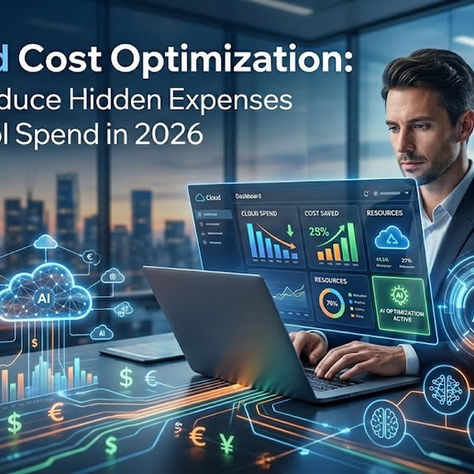 An enterprise IT specialist managing hidden cloud expenses through an advanced AI dashboard, showcasing FusionPact's cloud optimization practice. The visual highlights data trends for controlled infrastructure spend, overlaid with the blog title: "AI Cloud Cost Optimization: How to Reduce Hidden Expenses and Control Spend in 2026."