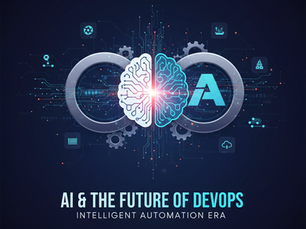 A digital graphic illustrating the convergence of AI and DevOps, featuring a glowing brain split between code and logic inside two interlocking rings (DevOps logo) with the text "AI & The Future of DevOps."
