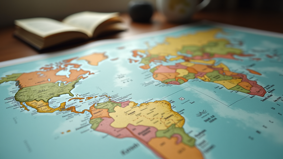 Wide angle view of a travel map laid out on a table