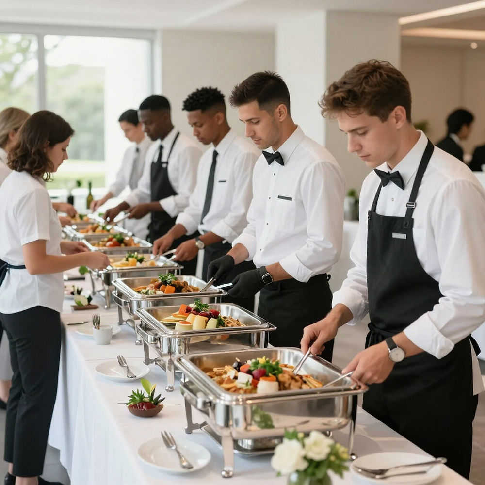 Staff providing plate and pass service at a buffet