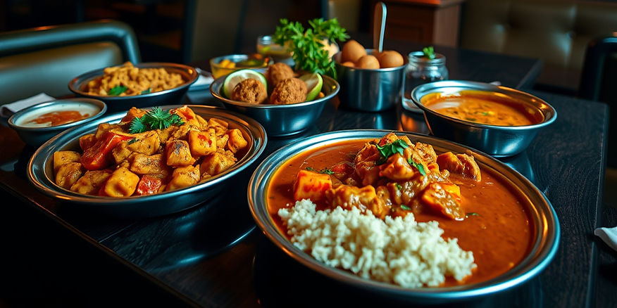 table laid with variety of indian and punjabi food, looking succulent and inviting in a di
