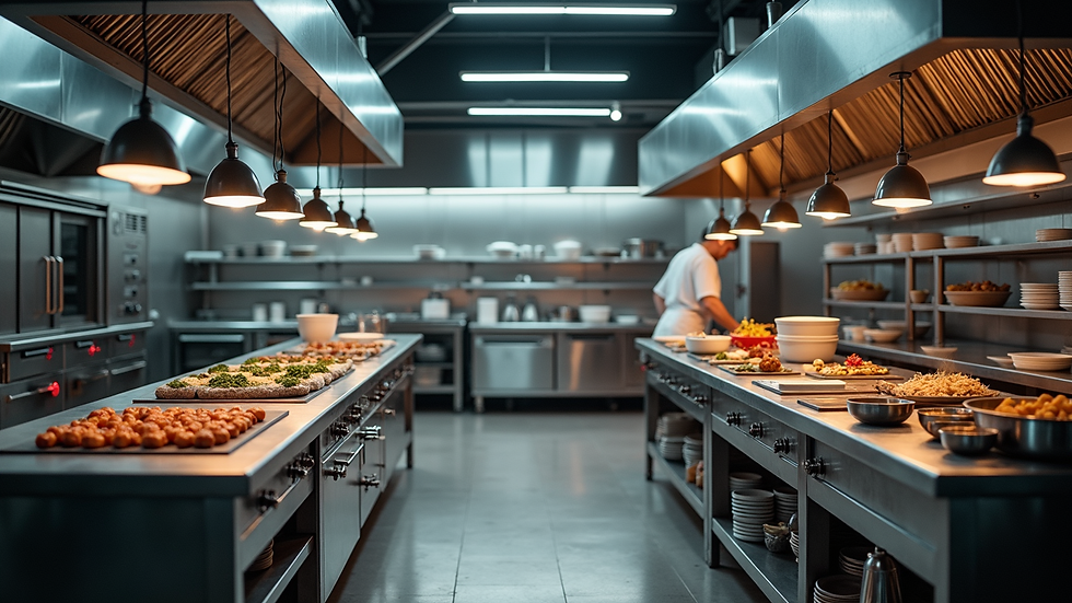 High angle view of a well-organised kitchen with cooking stations ready for chefs