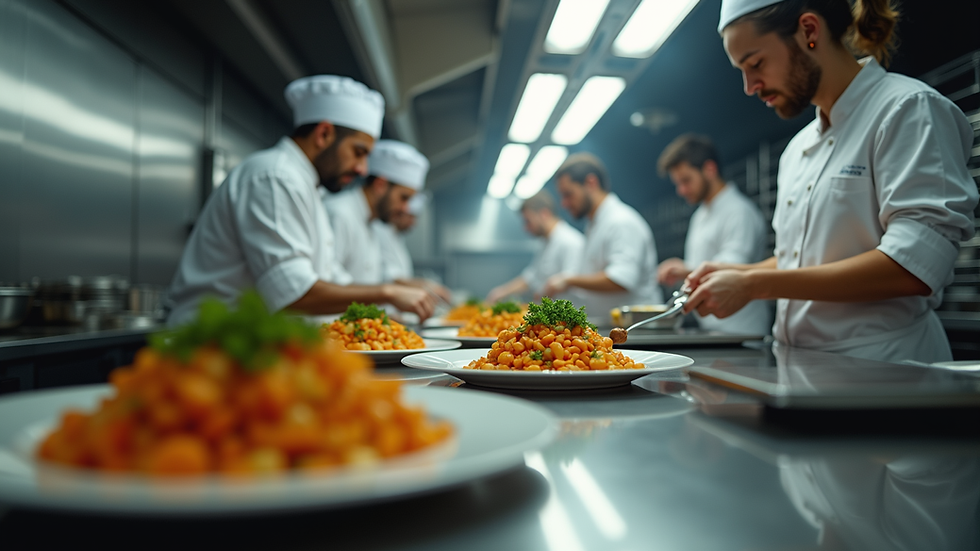 Eye-level view of a busy kitchen with chefs preparing meals