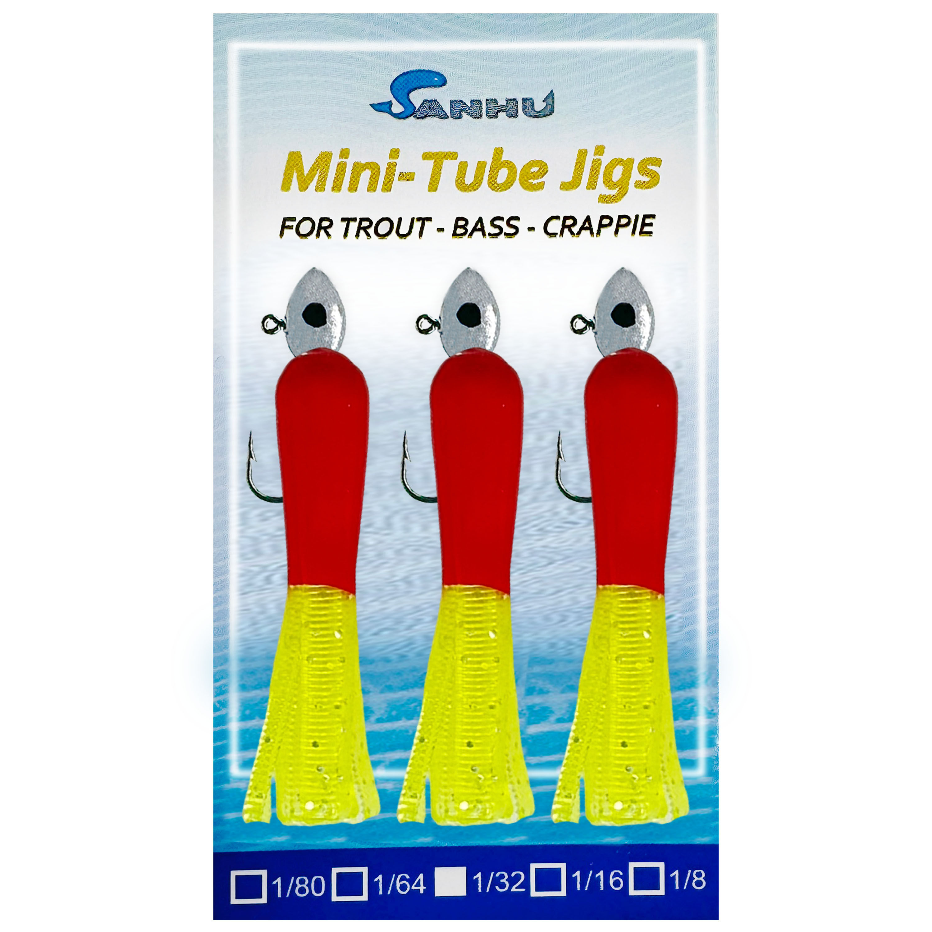 Mini Tube Jigs- Red Chartreuse Glitter, 15 pieces