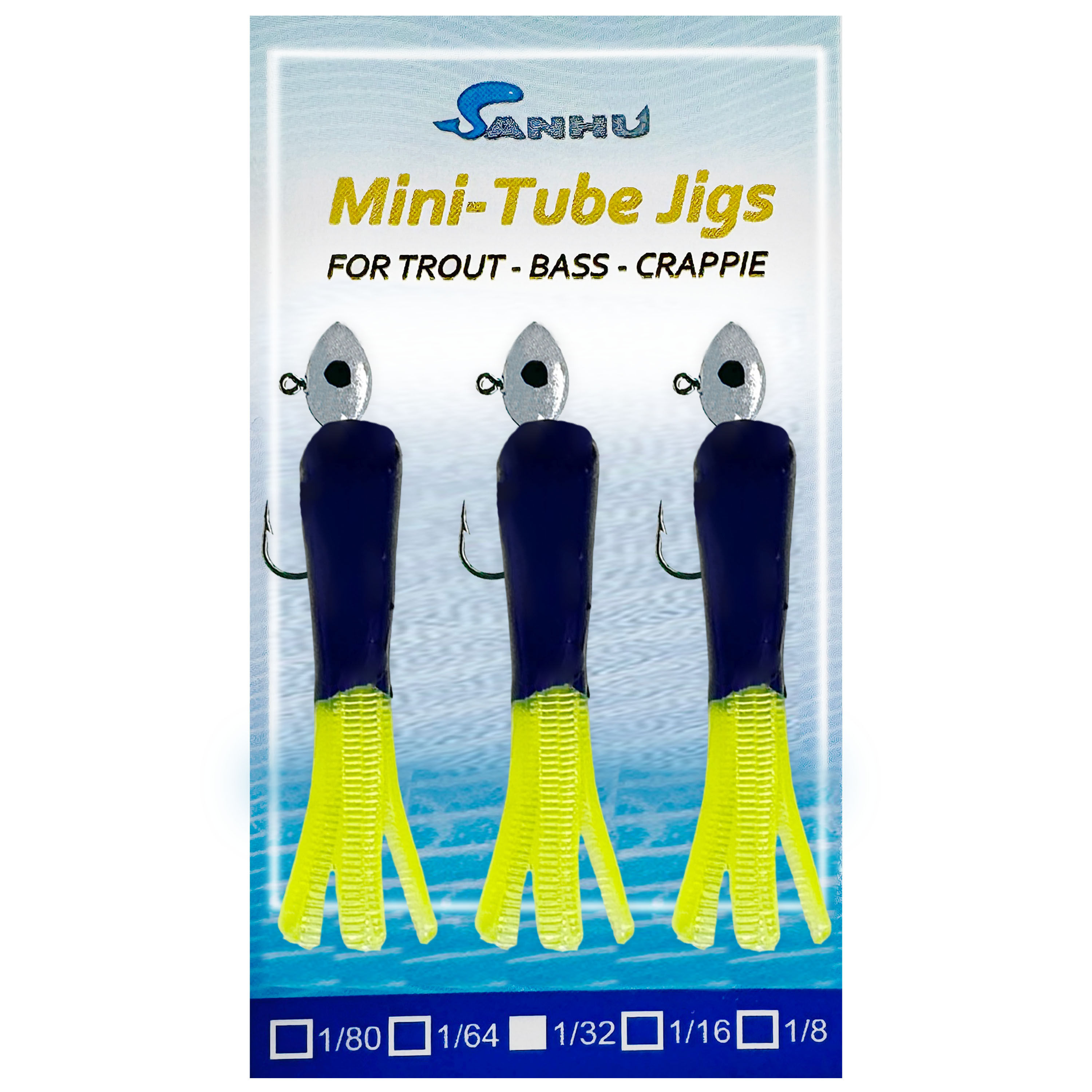 Mini Tube Jigs- Blue Chartreuse, 15 pieces