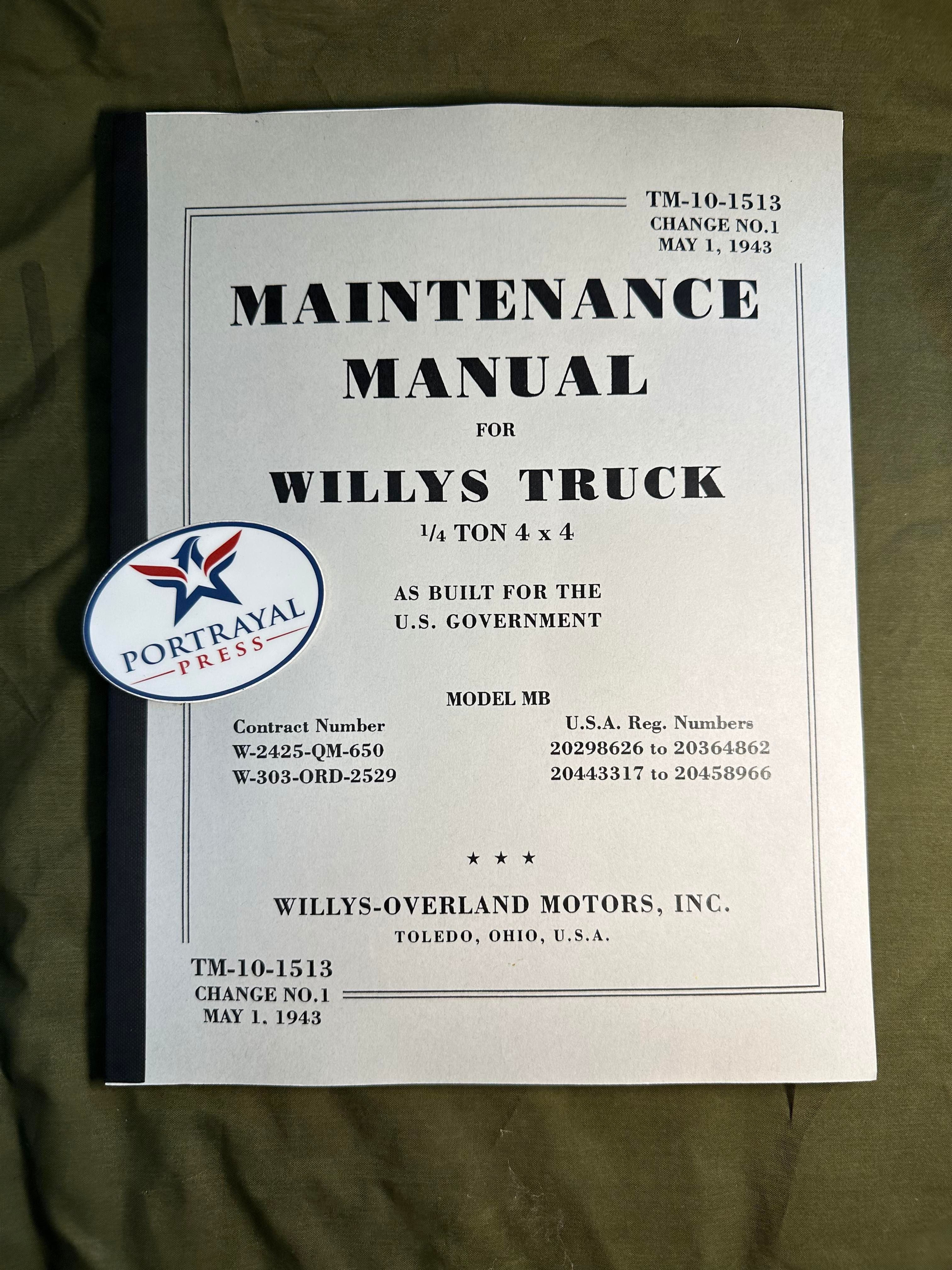 TM 10-1513 Maintenance Manual for Willys Truck, Change 1 dated May 1, 1943