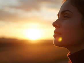 Femme de profil regardant l’horizon au coucher du soleil, évoquant le recentrage, la présence à soi et l’équilibre émotionnel