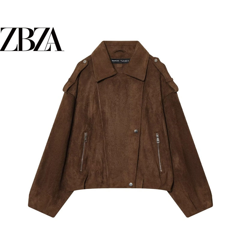 Loose Biker Style Faux Suede Effect Jacket Women's Outerwear Polyester Material