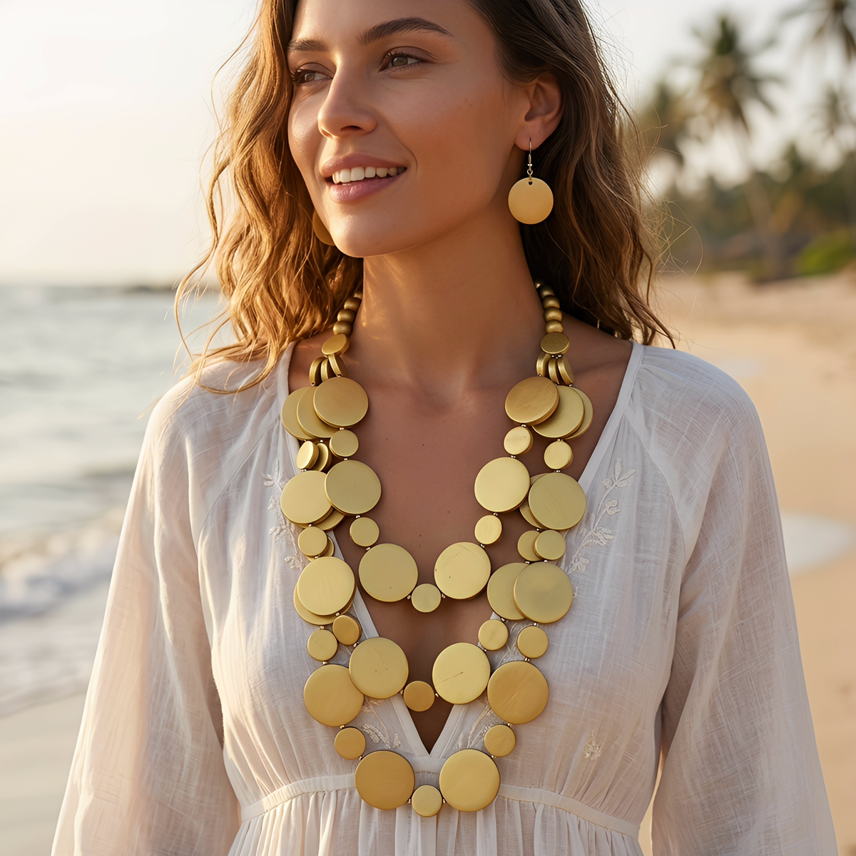 Summer Beach Vacation Jewelry Set Bohemian Round Wooden Bead Handmade Beaded Mul