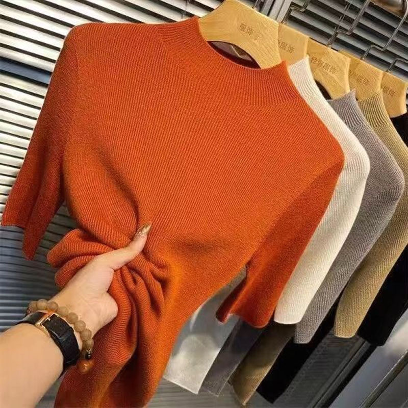 Women's Solid Color Stand Collar Half Sleeve Casual Slim High Elastic Knit Basic