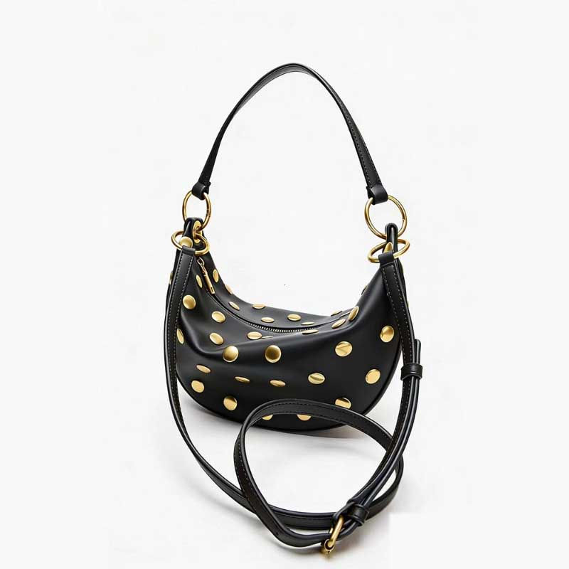 Vintage Gold Studs Decor Crescent Hobo Bag Pu Leather Multi-Way Shoulder Crossbo