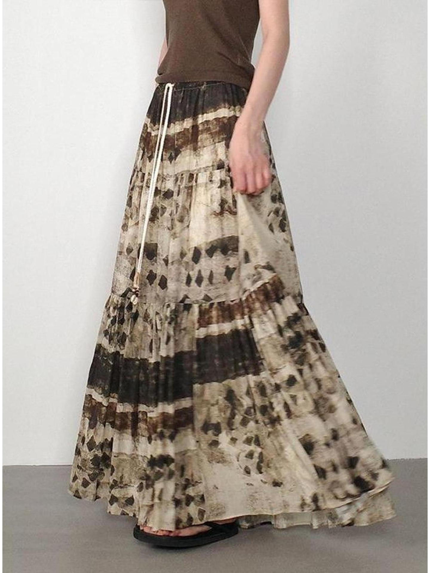 Bohemian Print A-Line Skirt High Waist Elastic Waist Layered Half-length Summer