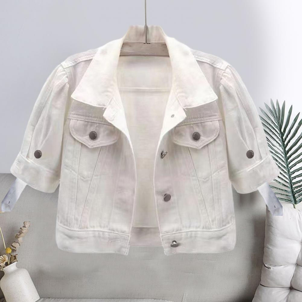 Women's Cropped Denim Jacket Short Sleeve Jean Jacket Lapel Button Down Trucker
