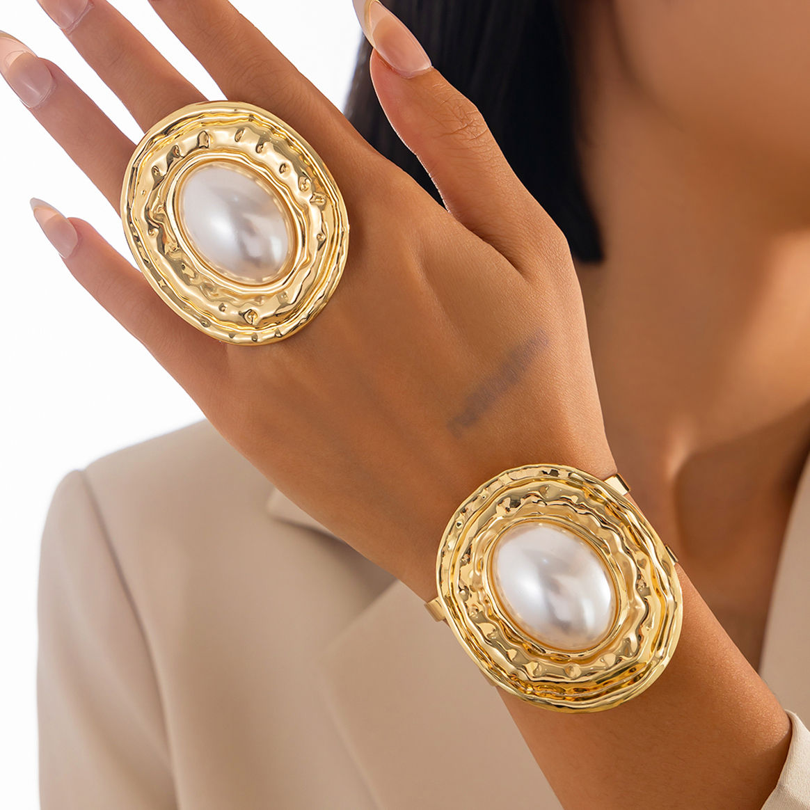 PuRui 2Pcs/Set Exaggerated Circle Chunky Adjustable Open Cuff Bangles Imitation