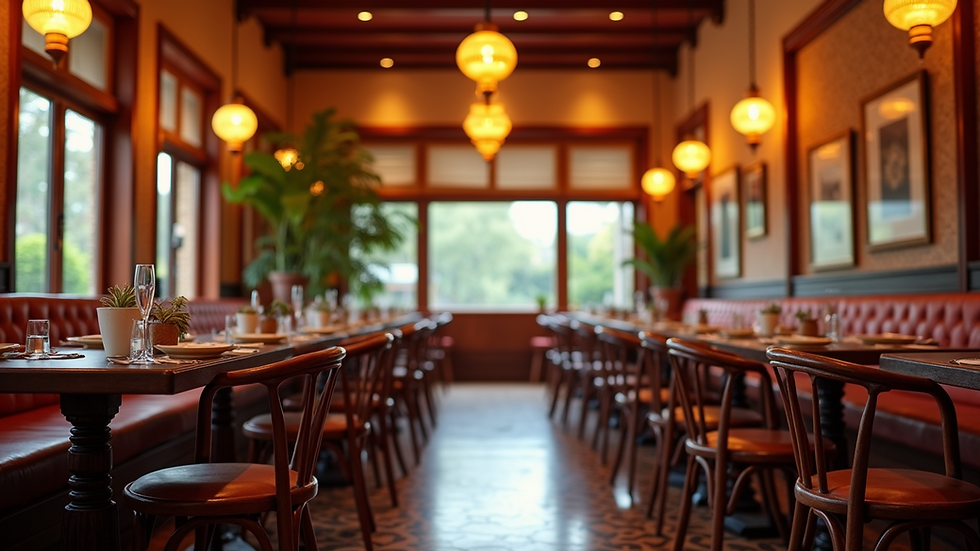 Eye-level view of a vibrant Indian restaurant interior with traditional decor