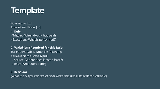 A blank interaction explanation template with sections for rules, variables and observable behavior.
