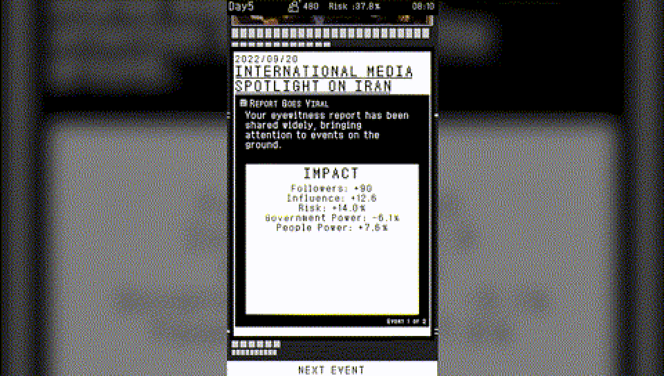 The Whisperer, in-game event card "International Media Spotlight on Iran" with the Impact panel showing follower, influence, risk, government power and people power changes
