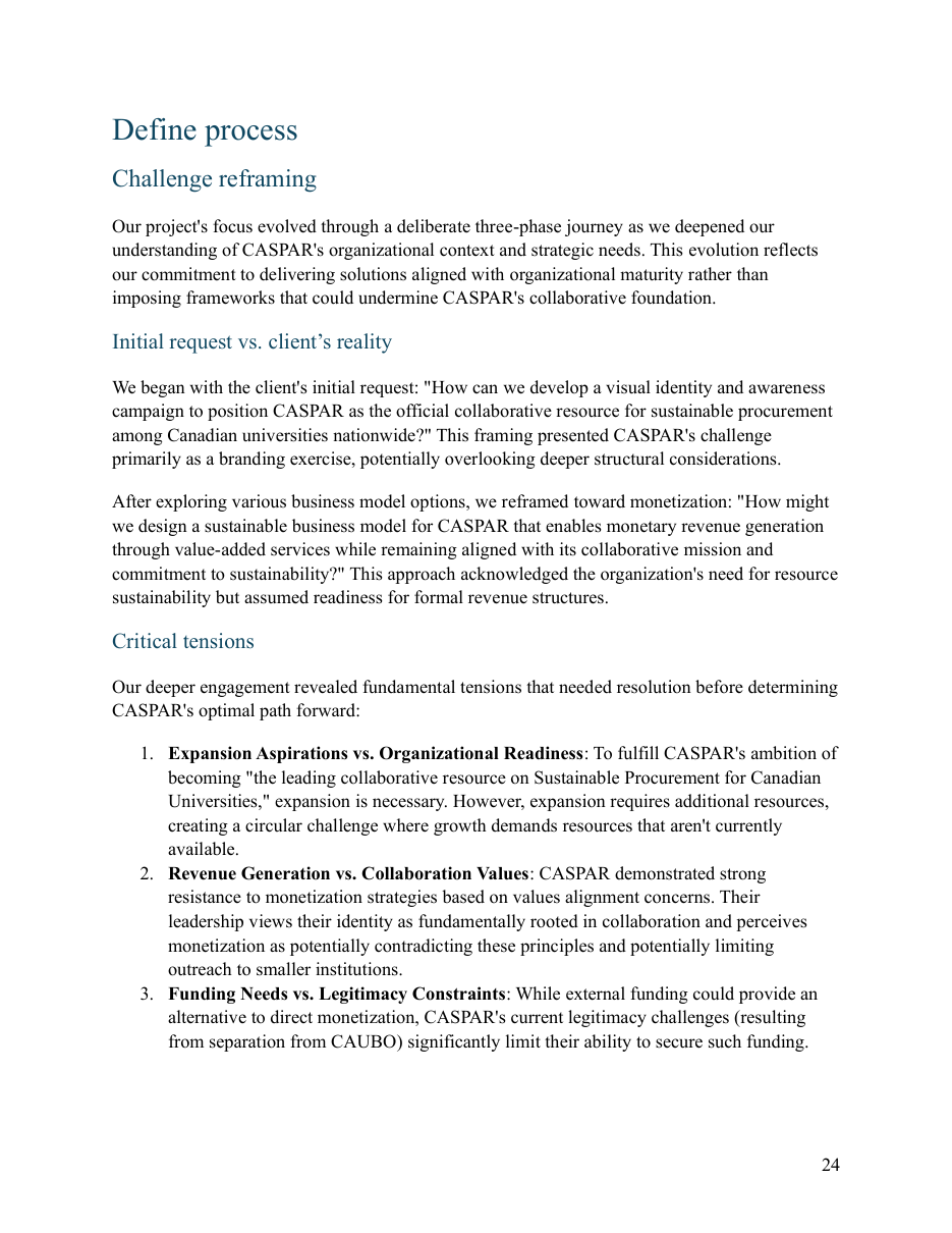 CASPAR report page covering the initial brief, monetization reframing, and critical tensions.
